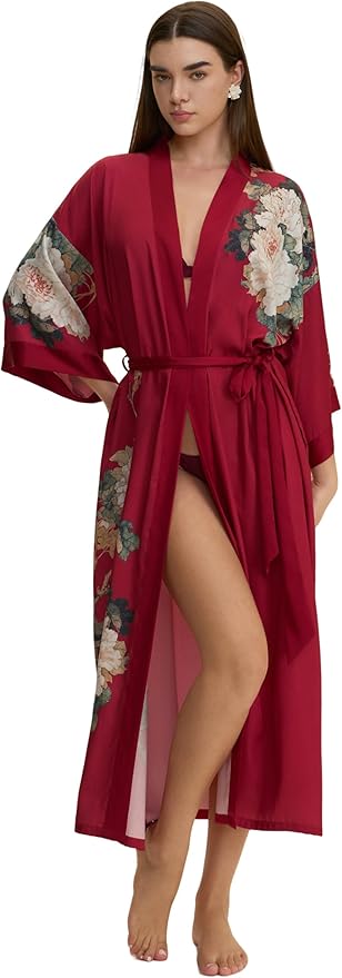 Kihnop Women's Floral Long Kimono Robe Long Satin Robe Long Silk Robe Ladies Kimonos Silky Bathrobe Cover Up, One Size