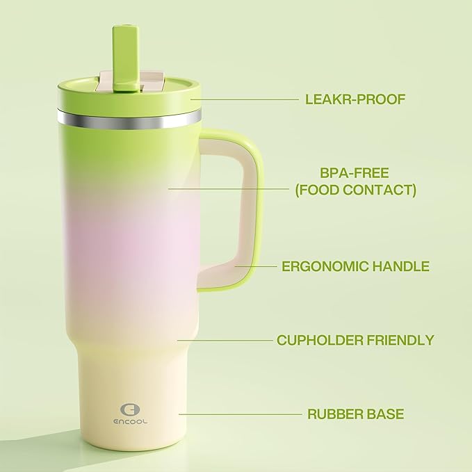 ENCOOL 40 oz Tumbler with Handle and Straw: Stainless Steel Insulated Tumbler Keeps Cold for 24 Hours, Leakproof Travel Cup Fits in Cup Holder and BPA-Free, Morning Dew
