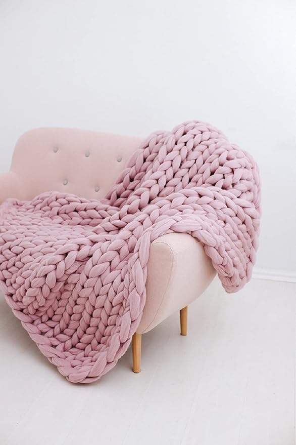 Chunky Knit Blanket, Boho Throw Blanket for Couch, Throw Blanket Knit Bed Scarf, Knitted Blanket, Supernatural Blanket, Wool Blanket for Home Decor or Gifts (Dusty Pink, 54"x75")