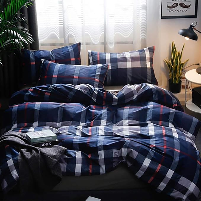 Luxlovery Navy Plaid Comforter Set California King Men Women Dark Blue Checkered Bedding Comforter Set Red Striped Buffalo Soft Breathable Navy Blue Comforter with 2 Pillowcases Cal King Bed