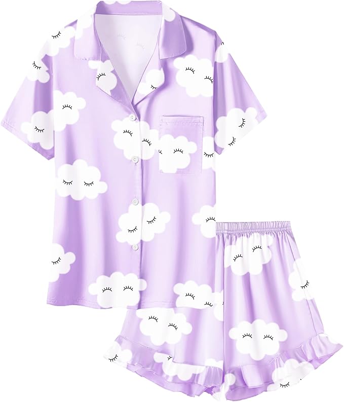 Umeyda Girls & Women Satin Pajamas Set Button Down 2 Piece Silk Pjs Shorts Set Ruffle Sleepwear, 5 Years-Women L