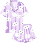 Umeyda Girls & Women Satin Pajamas Set Button Down 2 Piece Silk Pjs Shorts Set Ruffle Sleepwear, 5 Years-Women L