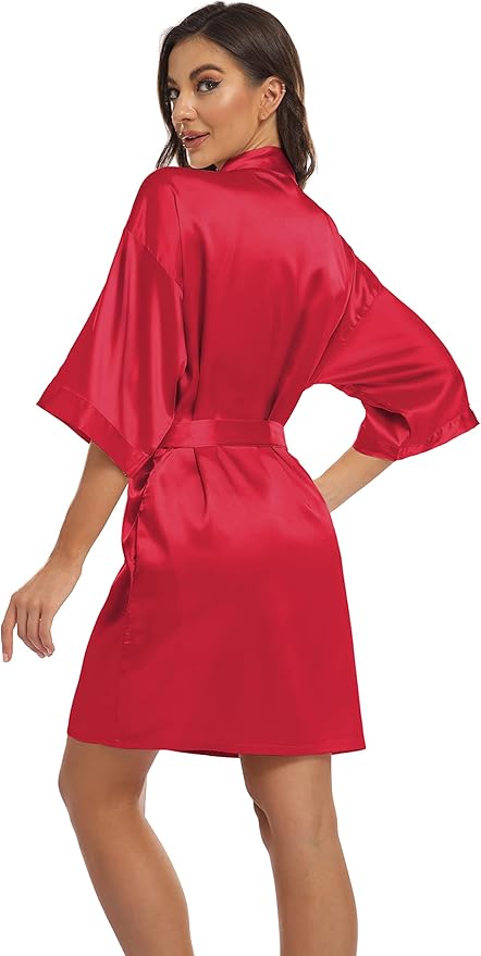 Women's Pure Short Kimono Robes Bride Bridesmaids Silky Bathrobe Lightweight Satin Sleepwear