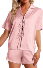 CHYRII Women's Silk Satin Pajamas Sets Tie Front Short Sleeve Tops and Shorts Two Piece Pj Sets Sleepwear