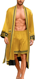 ChiaoLezhee Men's Luxury Silky Robe & Shorts Set, 2PC Lightweight Satin Pajamas with Pockets, Opulent Baroque Kimono Gifts
