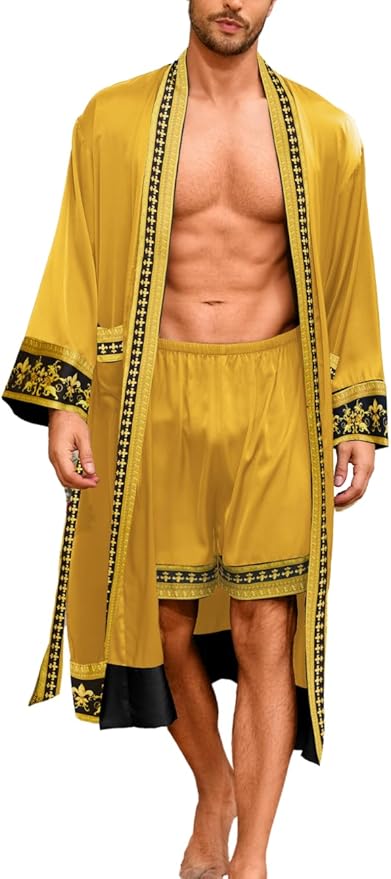 ChiaoLezhee Men's Luxury Silky Robe & Shorts Set, 2PC Lightweight Satin Pajamas with Pockets, Opulent Baroque Kimono Gifts