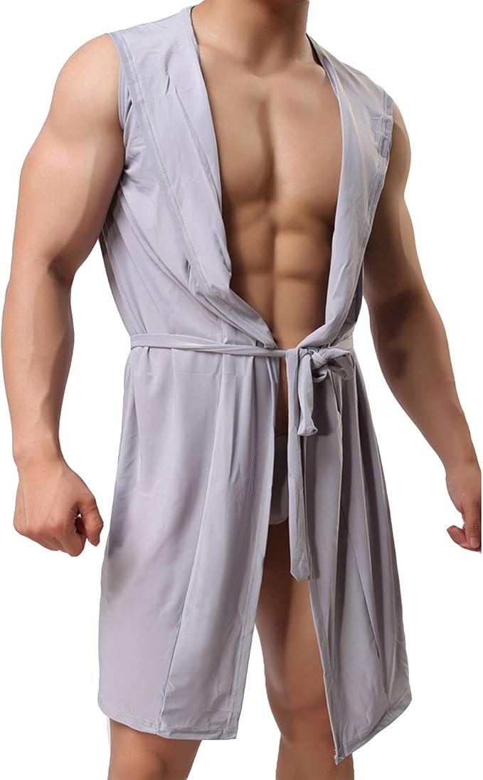 Lu's Chic Men's Silk Kimono Robe Hooded Bathrobe Sleeveless Lightweight Sleepwear Pajamas