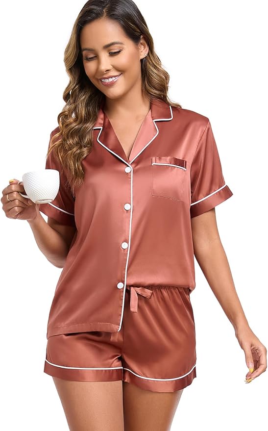 Serenedelicacy Women's Satin Pajama Set 2-Piece Sleepwear Loungewear Button Down Short Sleeve Silky PJ Set