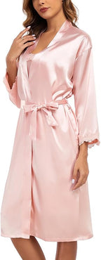 BestWendding Women's Silk Robe Set 2 Pieces Pajamas Sets Sexy Soft Satin Robe with V Neck Camisole Lingerie Nightgown