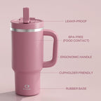 ENCOOL 32 oz Tumbler with Handle and Straw: Stainless Steel Insulated Tumbler Keeps Cold for 24 Hours, Leakproof Travel Cup Fits in Cup Holder and BPA-Free,Turkish Rose
