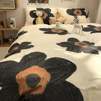 CLOTHKNOW Black Sunflower Twin/Twin XL Comforter Set Floral Bedding Comforter Sets Brown Plaid Comforter Boho Comforter with 2 x Pillow Cases