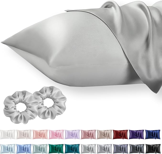 Vielit Queen Satin Pillowcase for Hair 2pc,Similar to Silk Pillow Cases,Easier Care Than Silk Pillowcase,Gifts for Women Men,Silver Grey,20x30 & Envelope Closure and 2 Satin Scrunchies