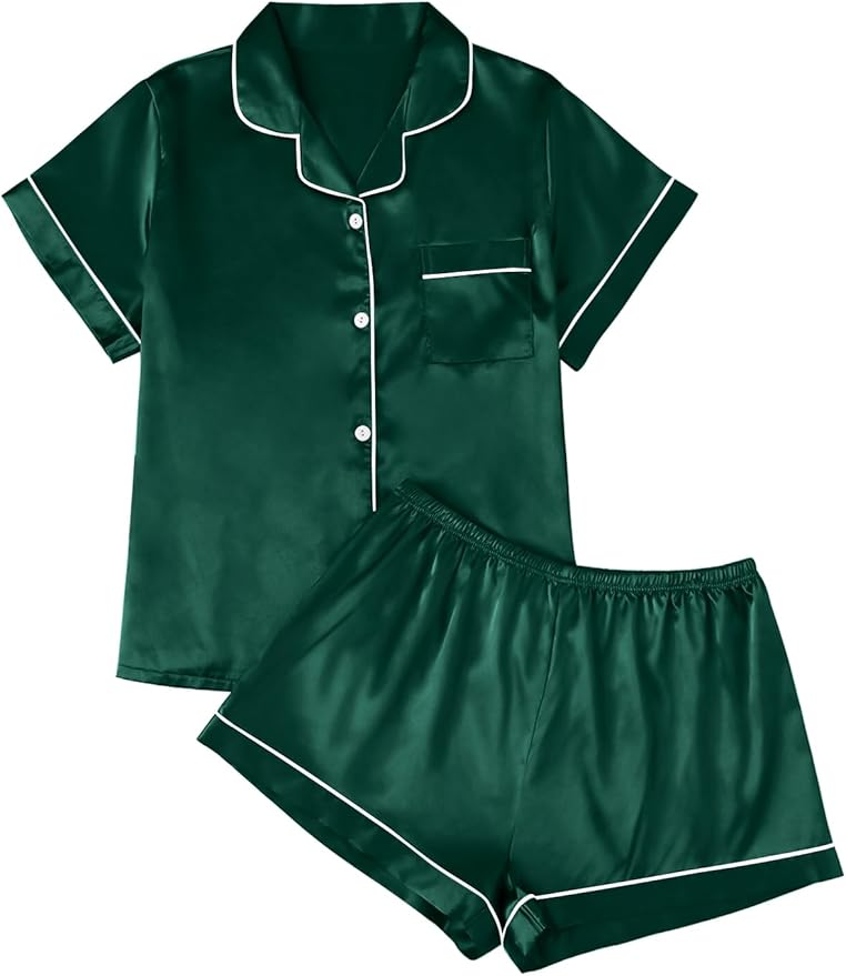 LILLUSORY Silk Satin Pajama Set for Women 2 Piece Lounge Pjs Winter Matching Summer Sleepwear Button Down Shirt Shorts