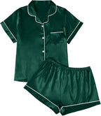 LILLUSORY Silk Satin Pajama Set for Women 2 Piece Lounge Pjs Winter Matching Summer Sleepwear Button Down Shirt Shorts