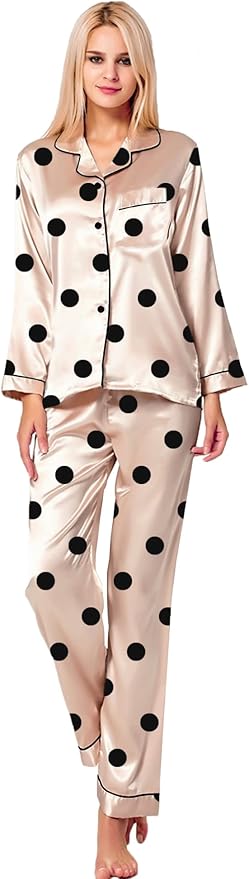 SWOMOG Womens Silk Satin Pajamas Set Long Sleeve Button Down Sleepwear 2 Piece Lounge Set Pj Set XS-3XL