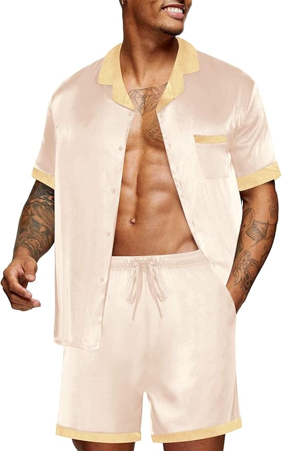 Ekouaer Men Satin Silk Pajamas Set with Pockets Sleepwear Shorts Satin Summer Loungewear 2 Piece Button Down Set S-3XL