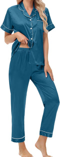 Women's Satin Pajama Set Short Sleeve Silk Top and Pants Set Classic Button Down 2-Piece Sleepwear Loungewear