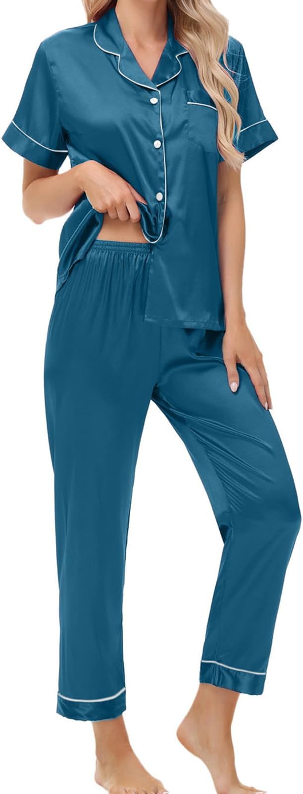 Women's Satin Pajama Set Short Sleeve Silk Top and Pants Set Classic Button Down 2-Piece Sleepwear Loungewear