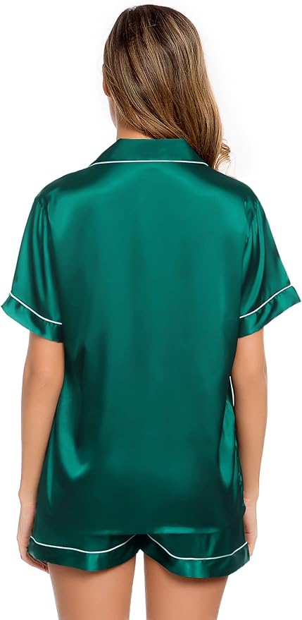 LecGee Womens Silk Satin Pajamas Short Sleeve Loungewear Two-Piece Sleepwear Button-Down Pj Set