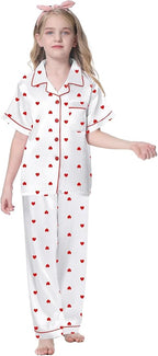 Umeyda Girls Womens Pajamas Set, Satin Silky Button Down Loungewear 2 Piece Short Sleeve Pants PJS Sets for Mommy Kids