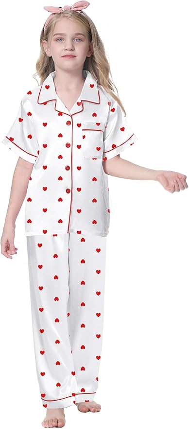 Umeyda Girls Womens Pajamas Set, Satin Silky Button Down Loungewear 2 Piece Short Sleeve Pants PJS Sets for Mommy Kids