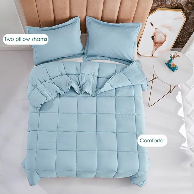 HIG Pre Washed Down Alternative Comforter Set Full - Reversible Chic Quilt Design - Box Stitched with 4 Corner Tabs - Lightweight for All Season - Blue Duvet Comforter with 2 Pillow Shams