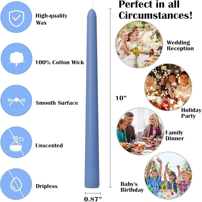 12-Pack Dusty-Blue Taper Candles, 10 Inch Unscented Dripless Candlesticks, Long-Lasting Burn Time of 7-8 Hours, Perfect for Home Décor Dinner Party Meditation