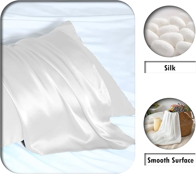 Silk Pillow Cases 2 Pack,Soft Breathable and Sliky Standard Size Pillow Cases Set of 2,Natural Mulberry Silk Pillowcase Set of 2 for Hair and Skin with Hidden Zipper (White,20"X 26",2pcs)