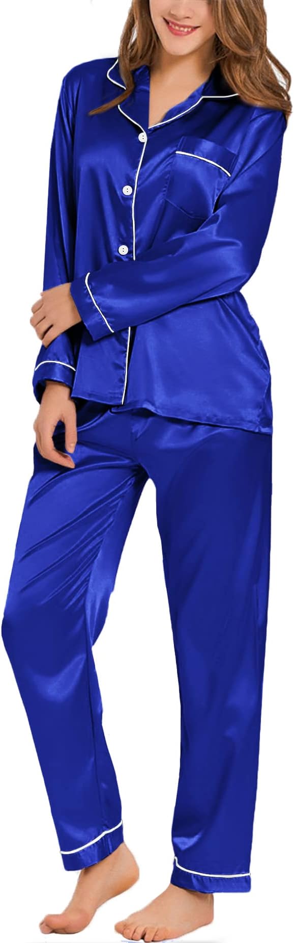 SWOMOG Womens Silk Satin Pajamas Set Long Sleeve Button Down Sleepwear 2 Piece Lounge Set Pj Set XS-3XL