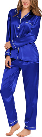 SWOMOG Womens Silk Satin Pajamas Set Long Sleeve Button Down Sleepwear 2 Piece Lounge Set Pj Set XS-3XL
