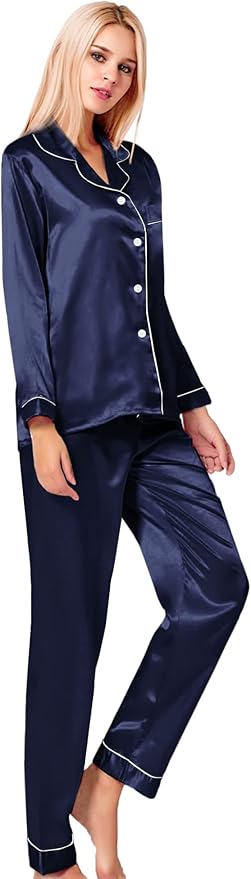 SWOMOG Womens Silk Satin Pajamas Set Long Sleeve Button Down Sleepwear 2 Piece Lounge Set Pj Set XS-3XL