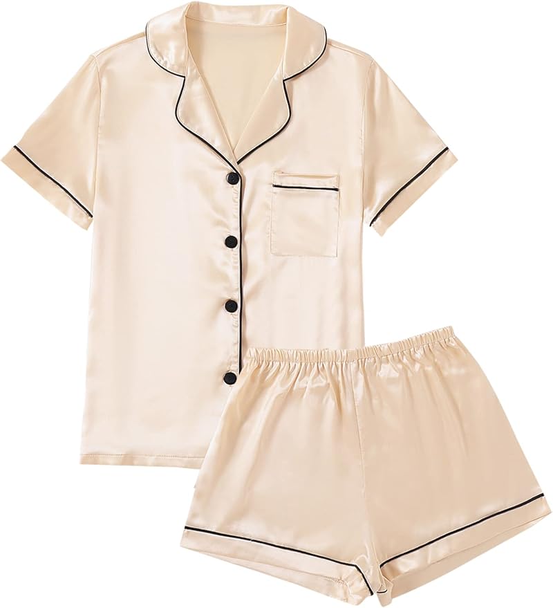 LYANER Women's Silky Satin Pajamas Set Short Sleeve Button Down Shirt With Shorts Pjs Set Sleepwear