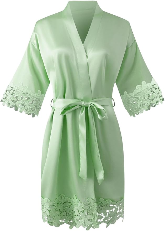 Womens Short Satin Robe Lace Trim Silk Kimono Sleepwear Bridesmaid Robes for Bride Wedding Party Nightgown