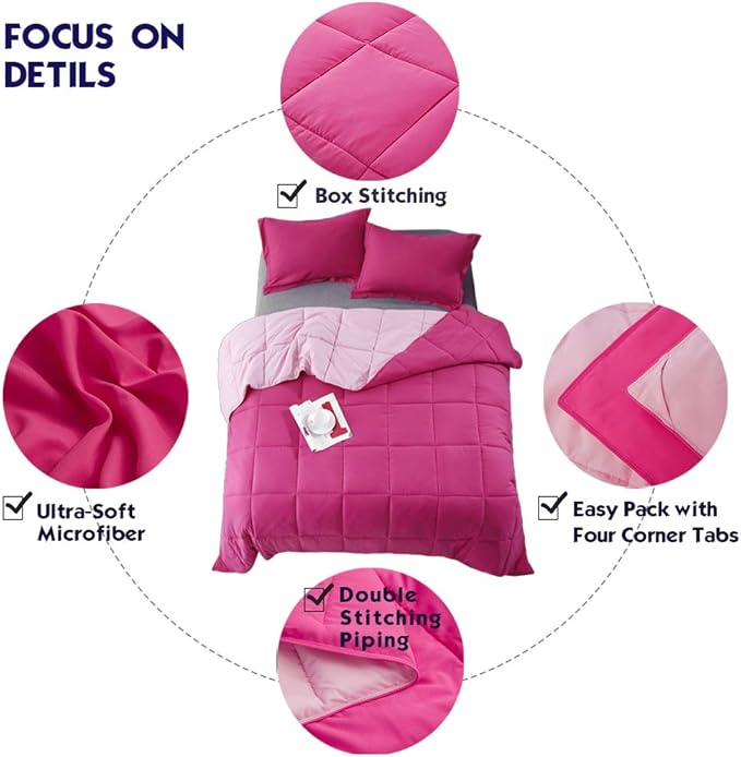 HIG 3pc Pink Queen Size Comforter Set - All Season Reversible Down Alternative Bedding Comforter Set - Quilted Duvet Insert with Corner Tabs - Box Stitched Blanket - Breathable, Soft, Fluffy