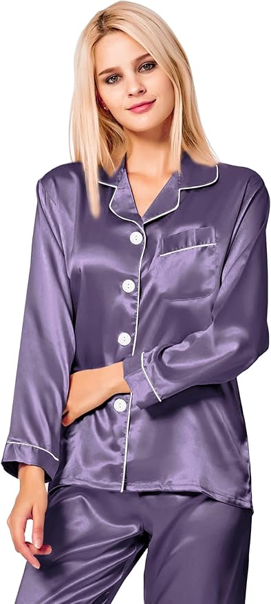 SWOMOG Womens Silk Satin Pajamas Set Long Sleeve Button Down Sleepwear 2 Piece Lounge Set Pj Set XS-3XL