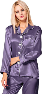 SWOMOG Womens Silk Satin Pajamas Set Long Sleeve Button Down Sleepwear 2 Piece Lounge Set Pj Set XS-3XL