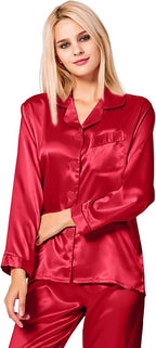 SWOMOG Womens Silk Satin Pajamas Set Long Sleeve Button Down Sleepwear 2 Piece Lounge Set Pj Set XS-3XL