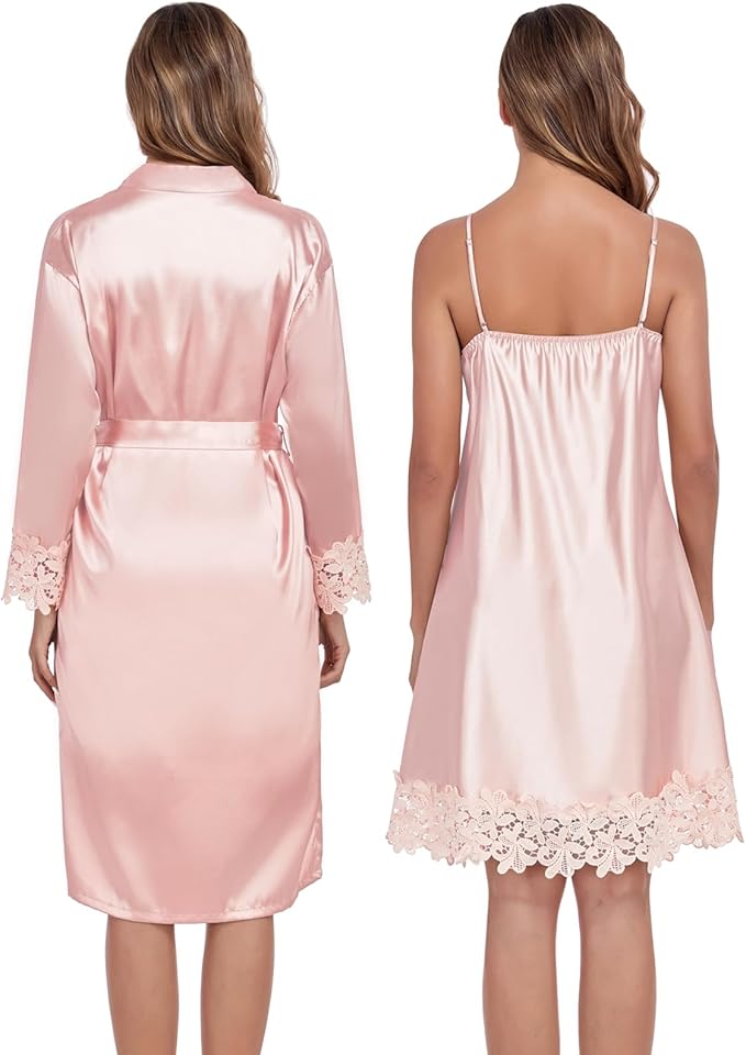 BestWendding Women's Silk Robe Set 2 Pieces Pajamas Sets Sexy Soft Satin Robe with V Neck Camisole Lingerie Nightgown