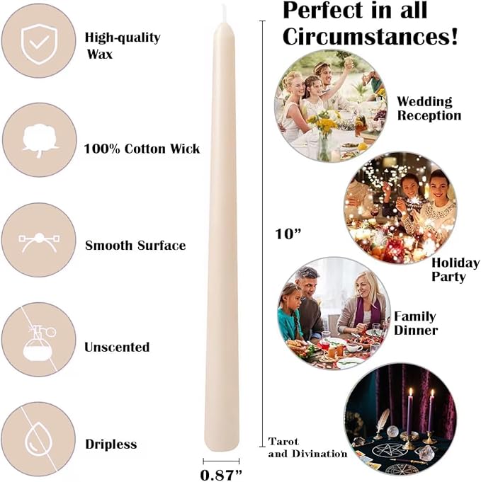 12-Pack Beige Cream Taper Candles, 10 Inch Unscented Dripless Candlesticks, Long-Lasting Burn Time of 7-8 Hours, Perfect for Home Décor, Weddings, and Events