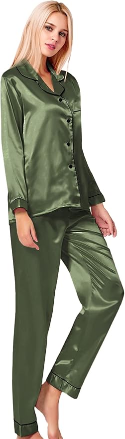 SWOMOG Womens Silk Satin Pajamas Set Long Sleeve Button Down Sleepwear 2 Piece Lounge Set Pj Set XS-3XL