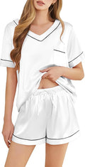 Silk Pajamas for Women Short Sleeve Satin 2 Piece Pj Set Soft V Neck Sleepwear Loungewear, S-XXL