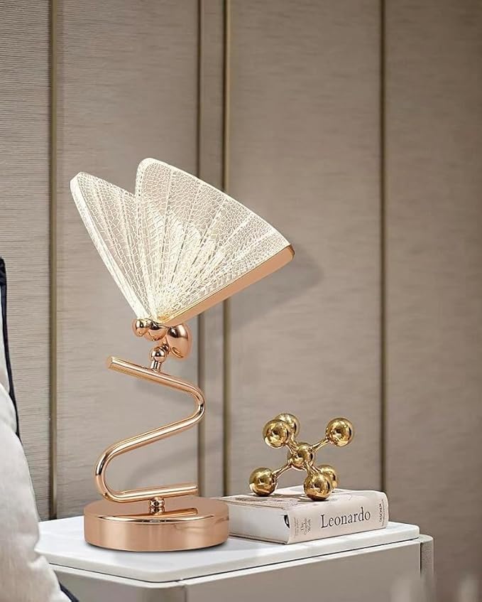 Glass Butterfly LED Table Lamp, Rose Gold Metal Base