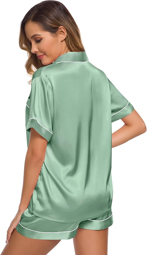 SWOMOG Womens Silk Satin Pajamas Set Short Sleeve Sleepwear Button Down Top and Shorts Loungewear 2 Piece Pjs Set XS-3XL