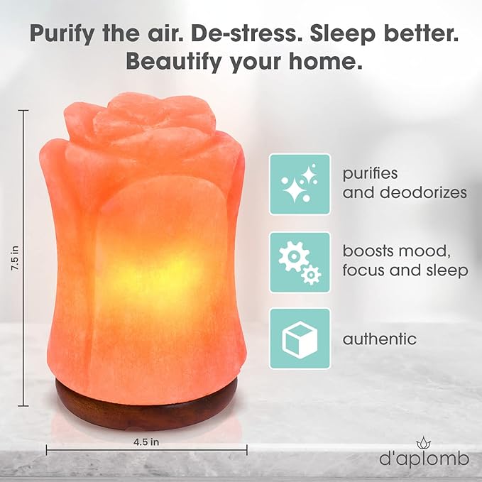 d'aplomb 100% Authentic Natural Himalayan Salt Lamp;Hand Carved Flower Rose Crystal Rock Salt from Himalayan Mountains; Dimmer Cord (Pink Flower)