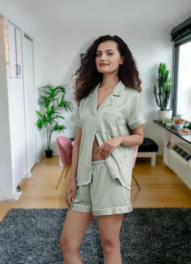 WJing Yi Jia Womens Silk Satin Pajamas Loungewear Two-Piece Sleepwear Button-Down Floral Pj Set XS-4XL