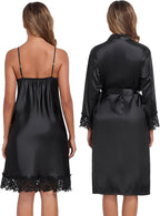 BestWendding Women's Silk Robe Set 2 Pieces Pajamas Sets Sexy Soft Satin Robe with V Neck Camisole Lingerie Nightgown