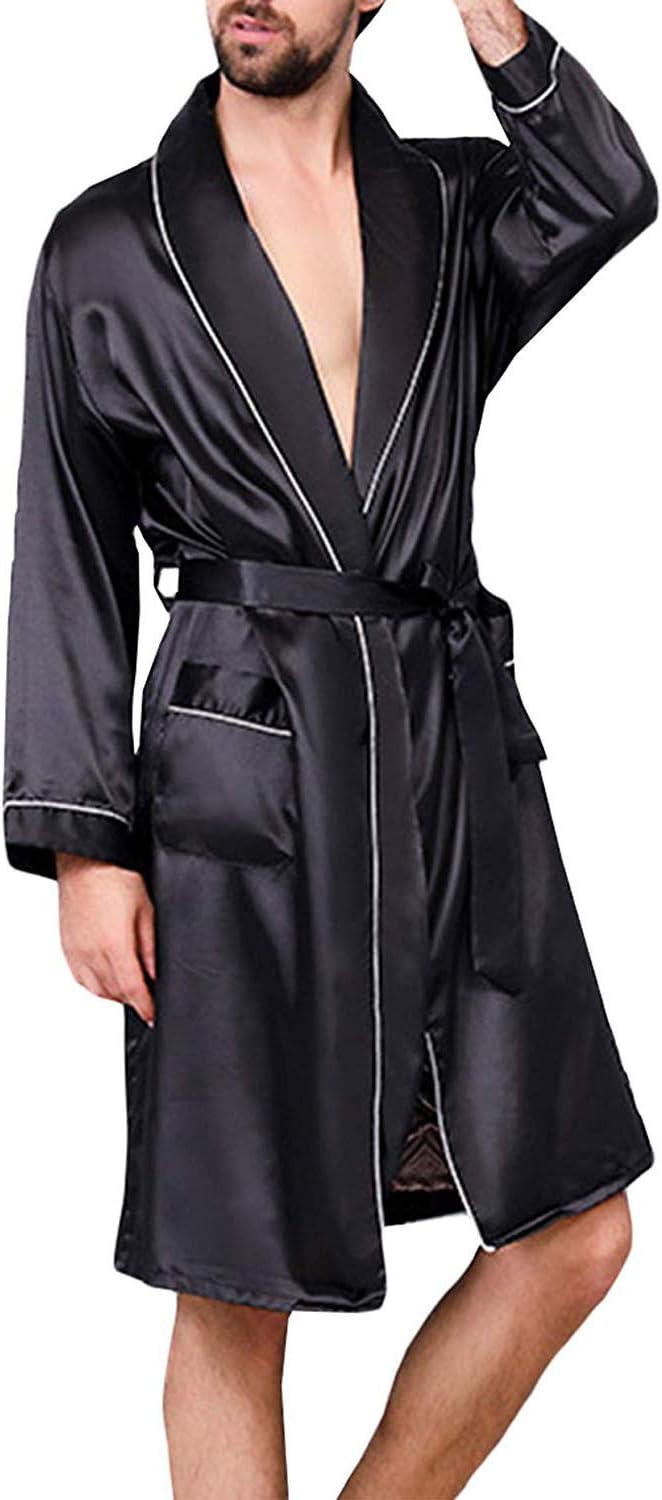 Mens Satin Robe,Silk Long Sleeve House Kimono Bathrobe,Soft Loungewear Dragon Robe
