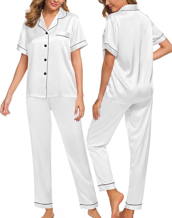 SWOMOG Women Satin Pajamas Set Short Sleeve Top & Pants Sleepwear Silky Button Down Nightwear 2pcs Loungewear Pjs Set