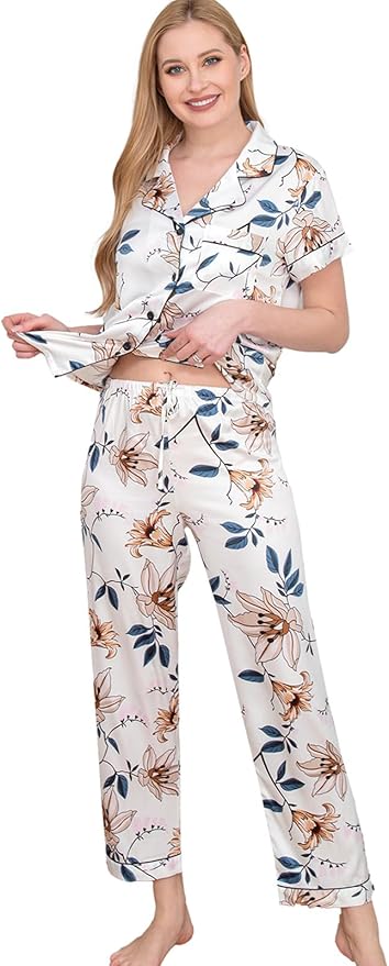 WJing Yi Jia Womens Pajamas Set XS-4XL Floral Silk Satin Pajama Sets Silky Pj Sets 2Pcs Loungewear Sleepwear Button Down Pjs