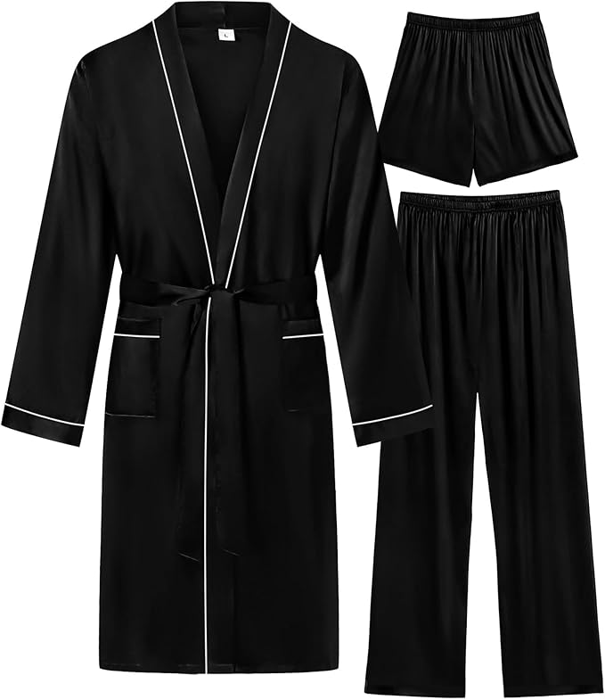 SWOMOG Mens 3 PCS Satin Robe with Pants & Shorts Set Kimono Bathrobe Long Sleeve Sleepwear Pjs Sets with Pockets